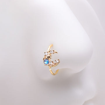 Detail View 1 of Golden Mystic Opalescent Crescent Moon and Star Sparkle Bendable Hoop Ring-Clear Gem/Blue